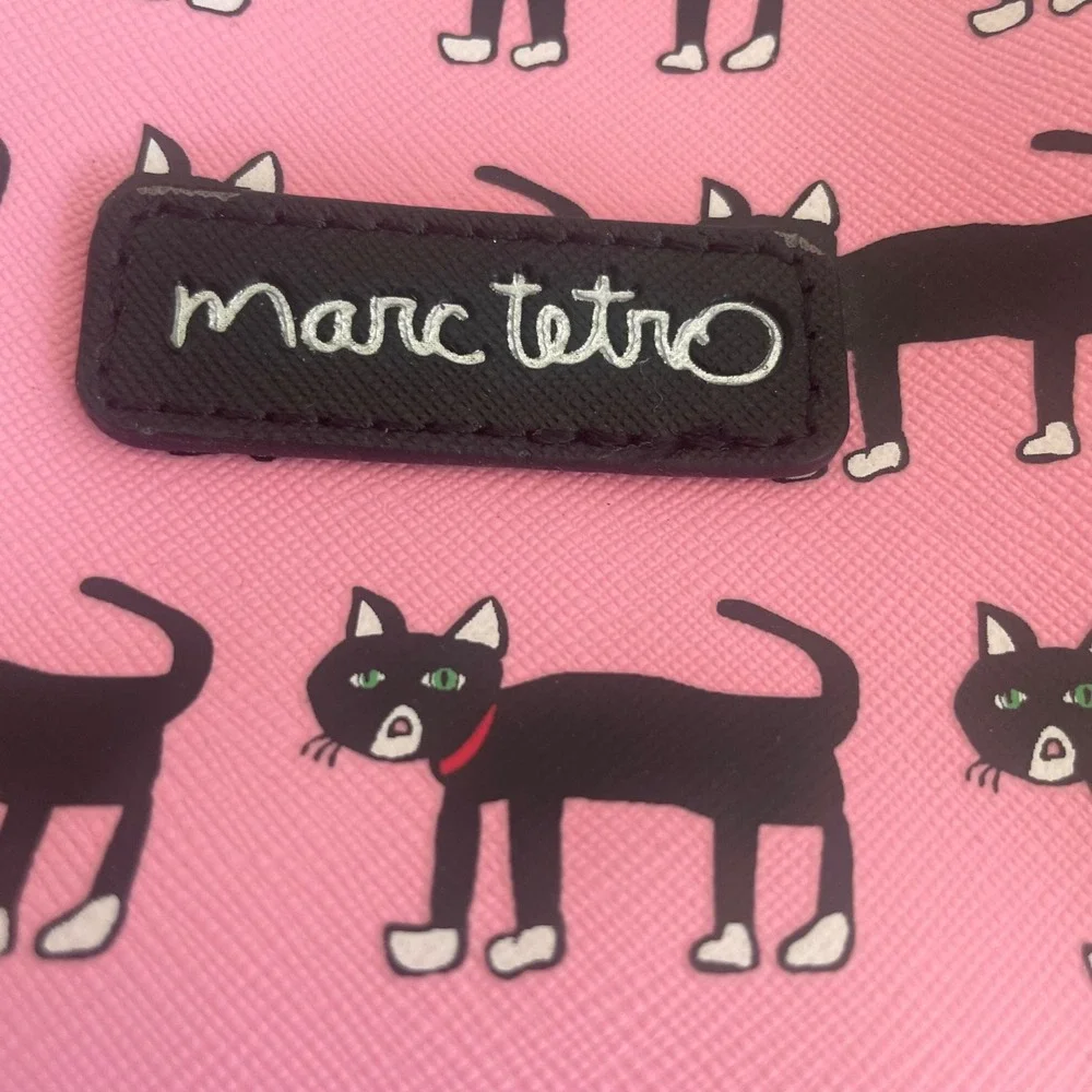 Marc Tetro Black Cat Zip Cosmetic Bag Pouch‎ Pink All Over vegan leather
